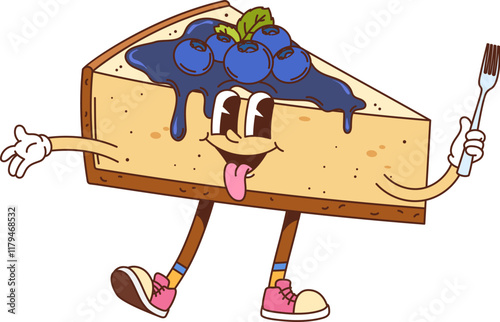 Retro hippie groovy cheesecake dessert character. Restaurant pastry cartoon isolated vector cheerful personage, dessert cheesecake with blueberries or takeaway sweet food groovy character holding fork