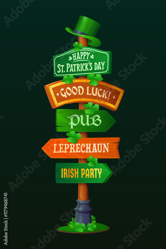 Saint Patrick day wooden sign board for Irish holiday celebration signage, vector signboard. St Patrick day sign board with arrow directions to leprechauns and Irish party pub with good luck quote
