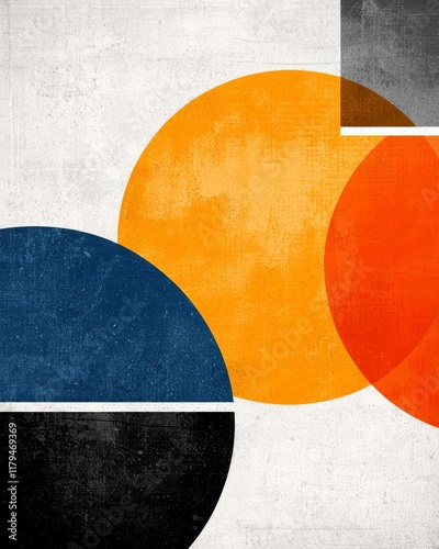 Abstract Geometric Art Print Overlapping Circles in Orange Blue and Black on White Texture