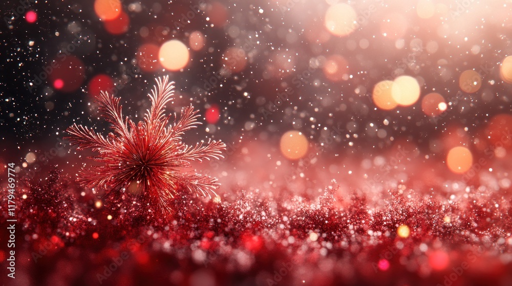 Obraz premium Red festive bokeh background with sparkly snow and fir branch.