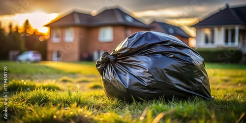 Discarded Black Garbage Bag on Grassy Lawn - Residential Waste Disposal photo