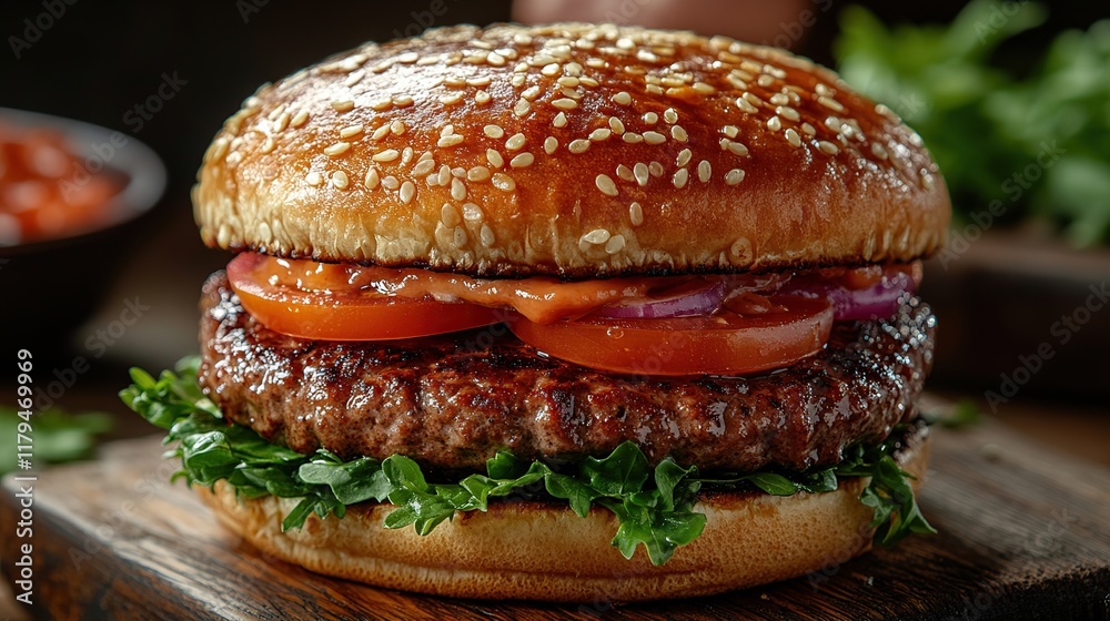 Juicy grilled beef burger with sesame bun, tomato, onion, lettuce, and sauce on wooden board. Juicy grilled beef burger with sesame bun, tomato, onion, lettuce, and sauce on wooden board.