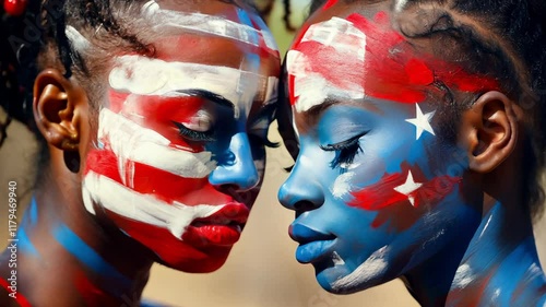 Happy two african american woman with face painted in colors of the flag of the united states of america. President's day. USA day. Independence day of america. Patriotic memorial american composition