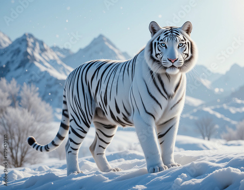 The elegance of nature: a white tiger in a snowy mountain landscape. AI, generation photo