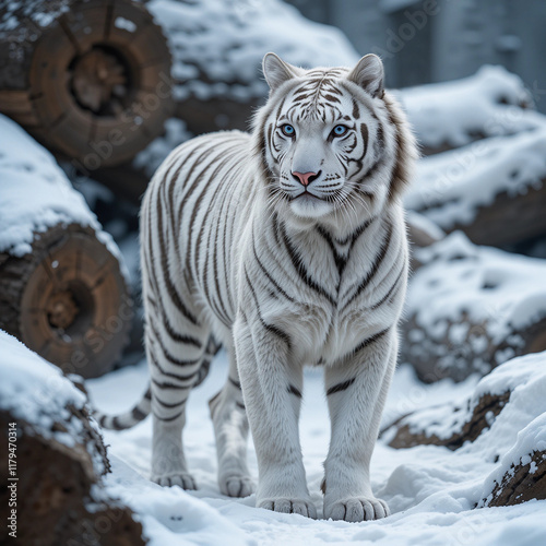 Elegance of nature: white tiger on the background of wooden logs 