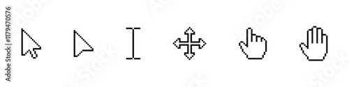 Cursor icon set, cursor pointers, cursor mouse icon set, zooming icon set, arrow, hourglass, computer mouse, 8-bit, pixel cursor icon set, pixel art