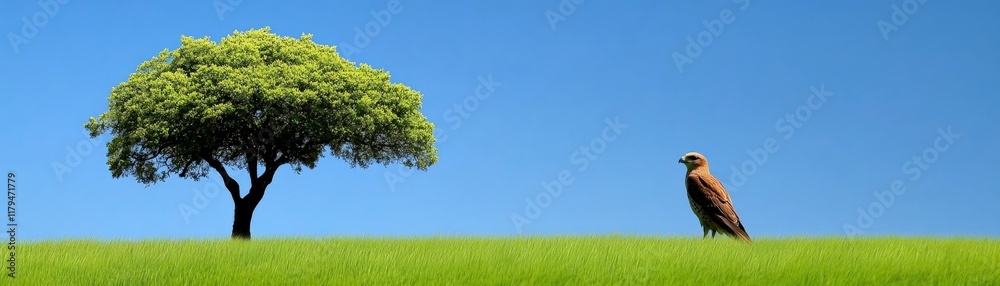 Serene Landscape: Eagle and Tree in a Vast Meadow Serene Landscape: Eagle and Tree in a Vast Meadow