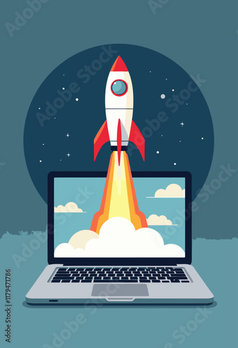 Digital Dreams: Stunning Vector Illustration of a Space Rocket Launching from a Laptop Display