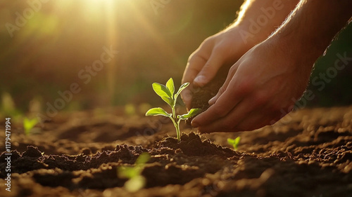 Small plant growing in fertile soil during golden sunset, hands nurturing seedling with care, environmental conservation and agriculture concept