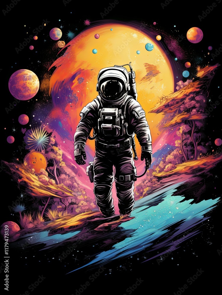 Cosmic Wanderer: Astronaut in Vibrant Surreal Landscape Cosmic Wanderer: Astronaut in Vibrant Surreal Landscape