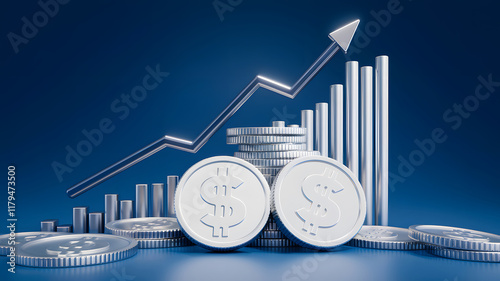 A 3D render featuring silver coins with a rising graph, symbolizing the increase in silver prices, perfect for financial and investment themes. 