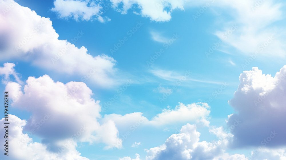 Beautiful fluffy white clouds floating in vibrant blue summer sky with natural gradient effect perfect for background and design