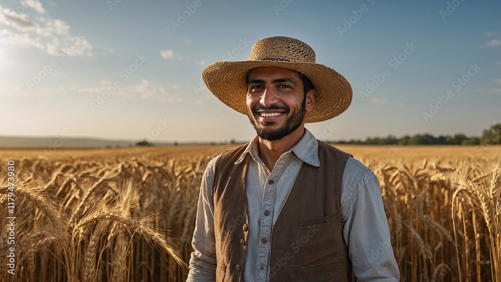Obraz premium Smiling Middle Eastern farmer stands proudly in golden wheat field during sunrise, showcasing agricultural dedication in a serene landscape