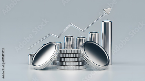 A 3D render featuring silver coins with a rising graph, symbolizing the increase in silver prices, perfect for financial and investment themes. 