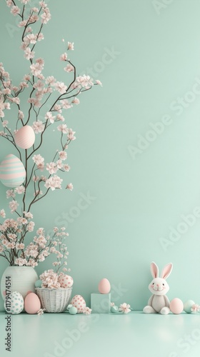 Easter Decor with Pastel Eggs and Bunny on Mint Green Background