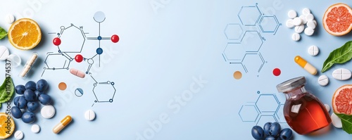 Nutritional science insights vitamin pills blue background infographic lab environment top view health concept