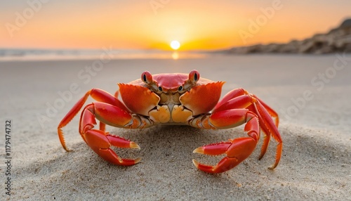 Crab on the Beach at Sunset: A vibrant red crab stands out against the backdrop of a golden sunset, its claws extended in a captivating display of nature's beauty.  The beach is a serene scene. photo