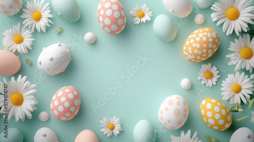 Colorful Easter Eggs Surrounded by White Daisies on a Mint Background
