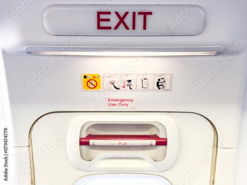 Aircraft emergency exit door handle and signs photo