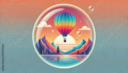 A vibrant hot air balloon floats gracefully above a breathtaking landscape at sunrise, its colorful fabric glowing in the early morning light as it drifts over rolling hills, rivers, and mist-covered 
