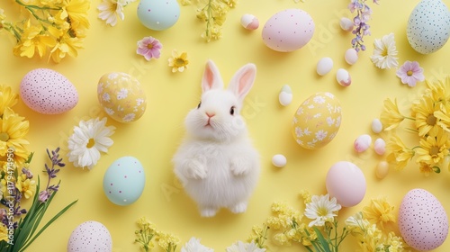 Cute White Bunny Surrounded by Colorful Easter Eggs and Flowers