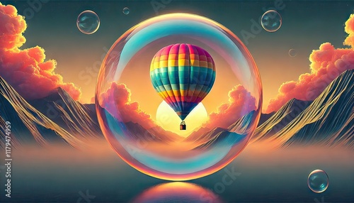 A vibrant hot air balloon floats gracefully above a breathtaking landscape at sunrise, its colorful fabric glowing in the early morning light as it drifts over rolling hills, rivers, and mist-covered 