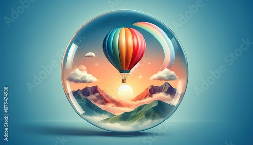 A vibrant hot air balloon floats gracefully above a breathtaking landscape at sunrise, its colorful fabric glowing in the early morning light as it drifts over rolling hills, rivers, and mist-covered 