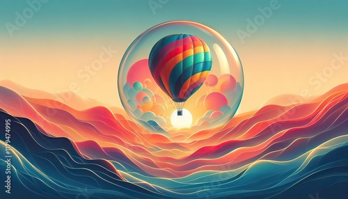 A vibrant hot air balloon floats gracefully above a breathtaking landscape at sunrise, its colorful fabric glowing in the early morning light as it drifts over rolling hills, rivers, and mist-covered 