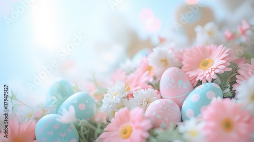 Colorful Easter Eggs Surrounded by Pastel Flowers and Soft Light