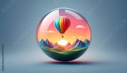A vibrant hot air balloon floats gracefully above a breathtaking landscape at sunrise, its colorful fabric glowing in the early morning light as it drifts over rolling hills, rivers, and mist-covered 
