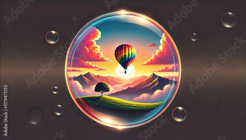 A vibrant hot air balloon floats gracefully above a breathtaking landscape at sunrise, its colorful fabric glowing in the early morning light as it drifts over rolling hills, rivers, and mist-covered 