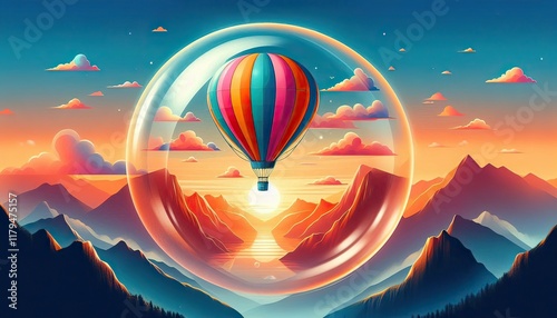 A vibrant hot air balloon floats gracefully above a breathtaking landscape at sunrise, its colorful fabric glowing in the early morning light as it drifts over rolling hills, rivers, and mist-covered 
