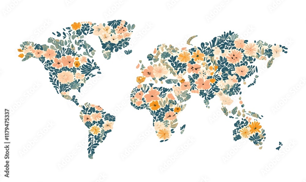 Obraz premium Floral world map illustration.