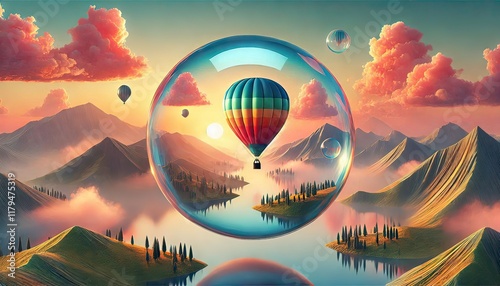 A vibrant hot air balloon floats gracefully above a breathtaking landscape at sunrise, its colorful fabric glowing in the early morning light as it drifts over rolling hills, rivers, and mist-covered 