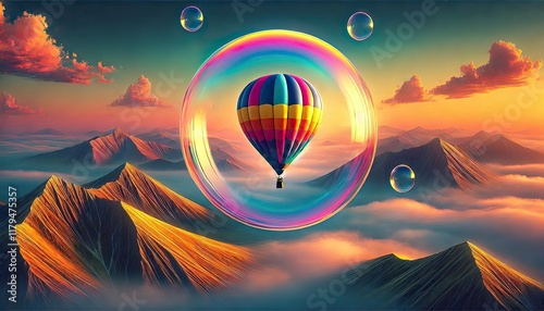 A vibrant hot air balloon floats gracefully above a breathtaking landscape at sunrise, its colorful fabric glowing in the early morning light as it drifts over rolling hills, rivers, and mist-covered 