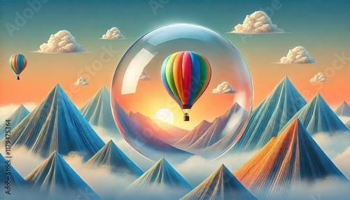 A vibrant hot air balloon floats gracefully above a breathtaking landscape at sunrise, its colorful fabric glowing in the early morning light as it drifts over rolling hills, rivers, and mist-covered 