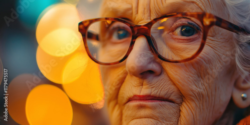 A thoughtful older woman with unique glasses, framed by soft glowing lights. photo