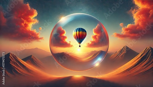 A vibrant hot air balloon floats gracefully above a breathtaking landscape at sunrise, its colorful fabric glowing in the early morning light as it drifts over rolling hills, rivers, and mist-covered 