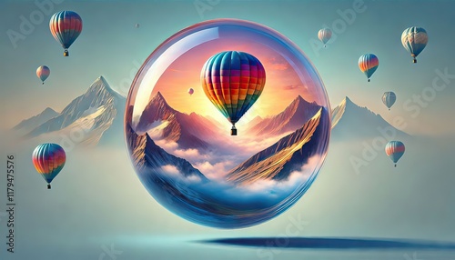 A vibrant hot air balloon floats gracefully above a breathtaking landscape at sunrise, its colorful fabric glowing in the early morning light as it drifts over rolling hills, rivers, and mist-covered 