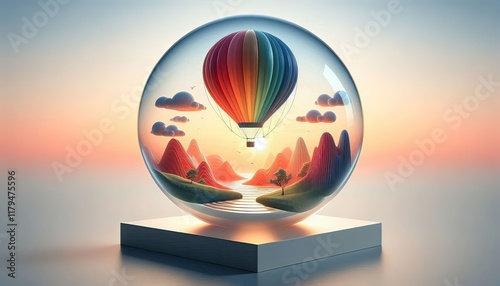 A vibrant hot air balloon floats gracefully above a breathtaking landscape at sunrise, its colorful fabric glowing in the early morning light as it drifts over rolling hills, rivers, and mist-covered 
