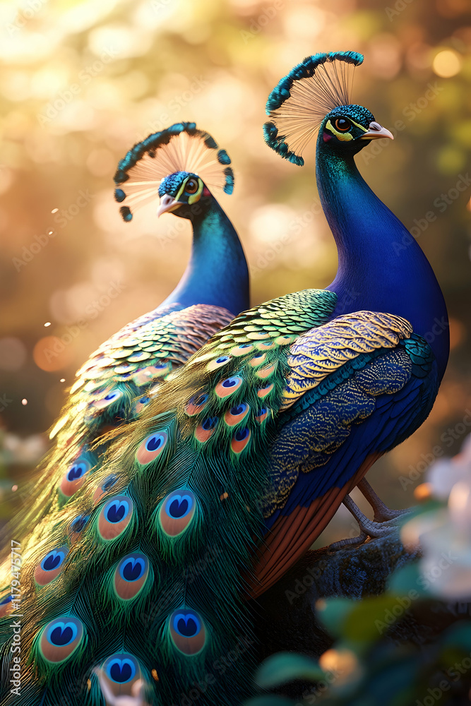 Obraz premium Majestic pair of peacocks showcasing vibrant plumage in a sunlit natural setting. Their iridescent feathers gleam, creating a breathtaking scene of wildlife beauty.