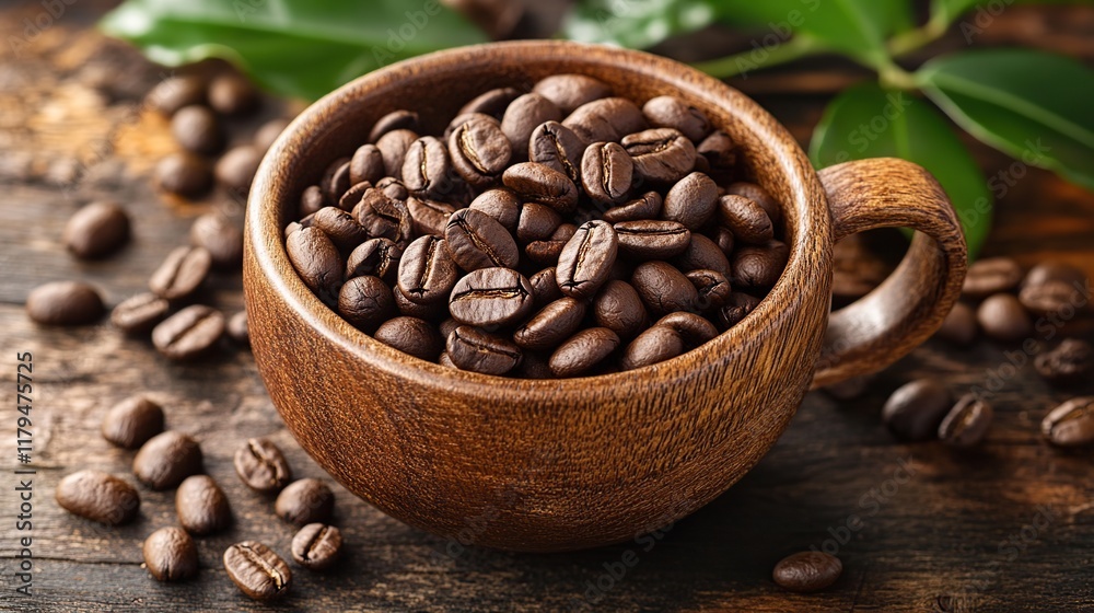 Fototapeta premium Close-up of roasted coffee beans in a wooden cup, surrounded by more beans and green leaves.