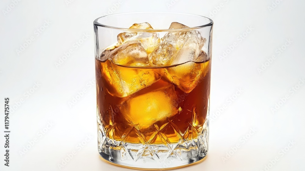 Golden alcoholic beverage in a rocks glass with ice cubes against a white background. Golden alcoholic beverage in a rocks glass with ice cubes against a white background.