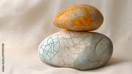 A small pile of three soft, rounded stones, each with unique textures a rough, light brown stone; a smooth, white rock with blue line contour drawings (1) photo