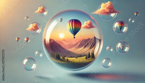 A vibrant hot air balloon floats gracefully above a breathtaking landscape at sunrise, its colorful fabric glowing in the early morning light as it drifts over rolling hills, rivers, and mist-covered 