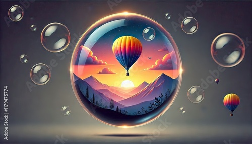 A vibrant hot air balloon floats gracefully above a breathtaking landscape at sunrise, its colorful fabric glowing in the early morning light as it drifts over rolling hills, rivers, and mist-covered 