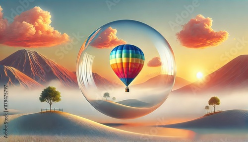 A vibrant hot air balloon floats gracefully above a breathtaking landscape at sunrise, its colorful fabric glowing in the early morning light as it drifts over rolling hills, rivers, and mist-covered 