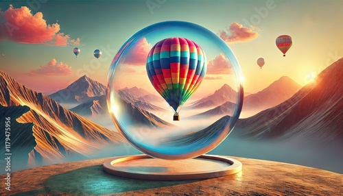 A vibrant hot air balloon floats gracefully above a breathtaking landscape at sunrise, its colorful fabric glowing in the early morning light as it drifts over rolling hills, rivers, and mist-covered 