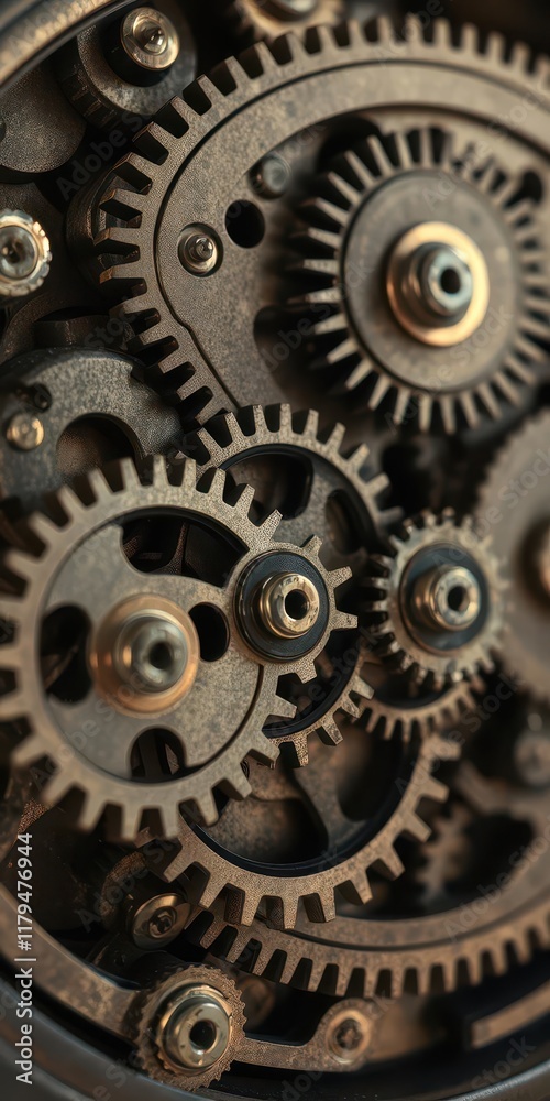 Close-up of intricate clockwork mechanism with interconnected cogwheels, industrial, mechanism, science Close-up of intricate clockwork mechanism with interconnected cogwheels, industrial, mechanism, science