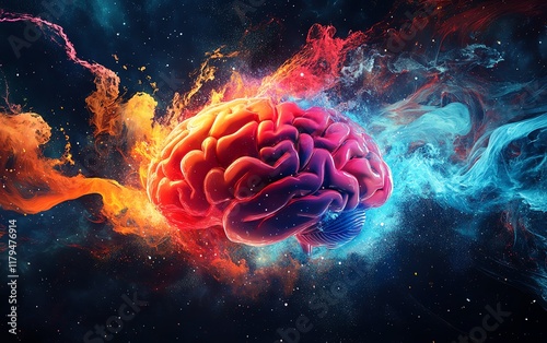 A visually striking concept of a human brain filled with creativity, radiating with bright colors, energy, and fastmoving action to signify imaginative power